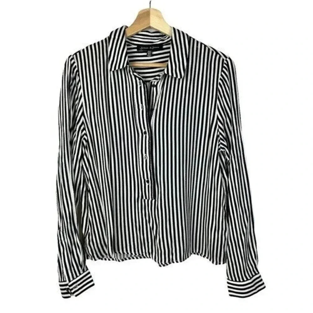 Jasmine & Juliana Navy Blue & White Stripe Long Sleeve Blouse M